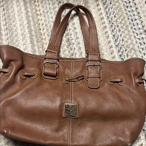 Dooney Bourke Chiara Brown Pebbled Leather Drawstring Shopper Handbag Large